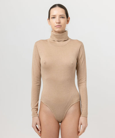 100% Silk and Cashmere Turtleneck Bodysuit - Camel
