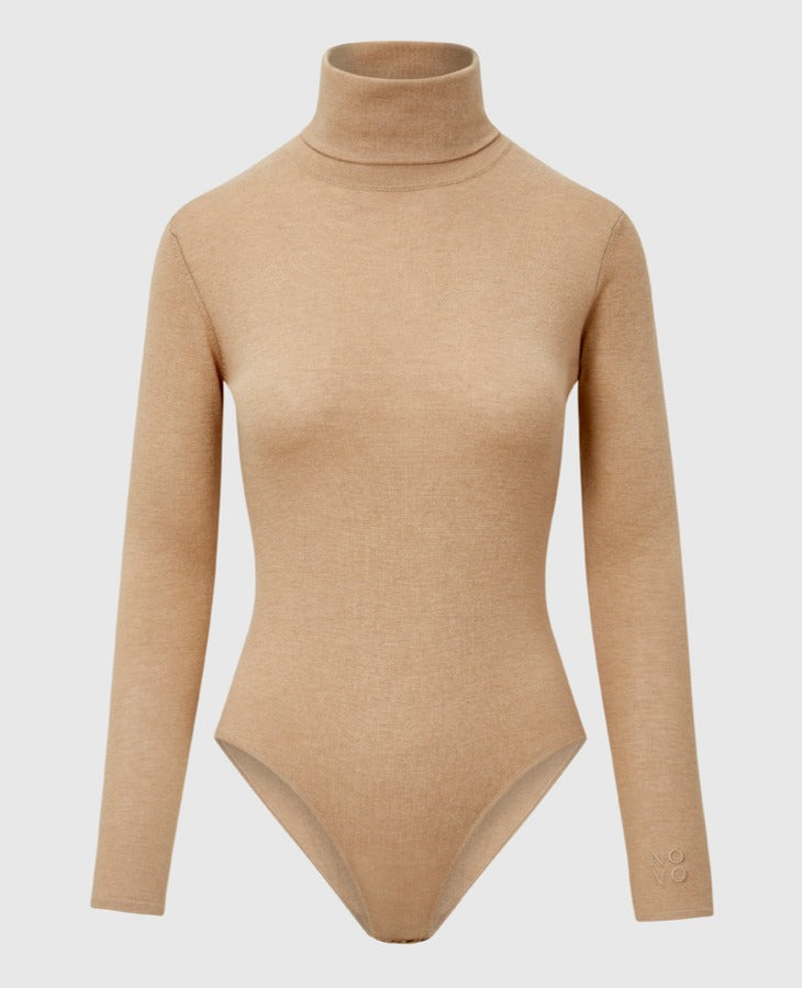 100% Silk and Cashmere Turtleneck Bodysuit - Camel